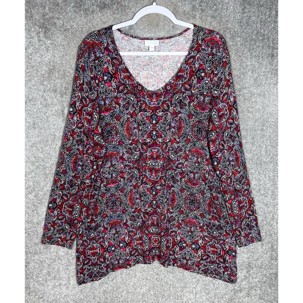 J Jill Paisley Floral A-Line Tunic Top Womens Size Large Red V-Neck Long Sleeve